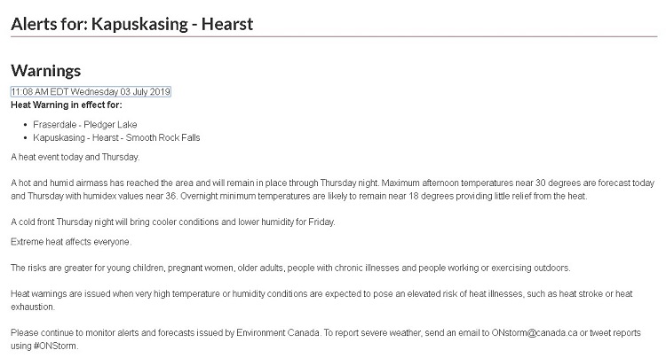 Heat warning issued for our region
