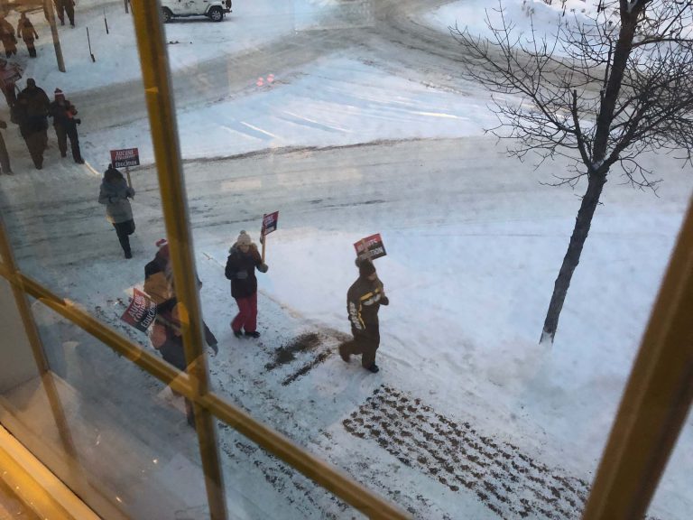 High School teachers and support staff walked around circle in Kapuskasing during one-day strike