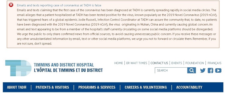 Timmins and District Hospital debunks social media posts about coronavirus