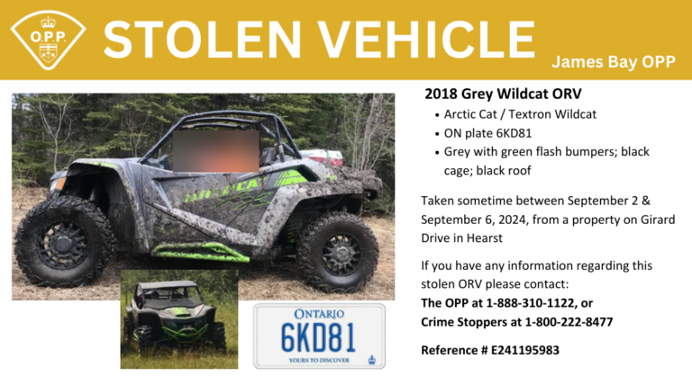 Off-road vehicle taken from property in Hearst
