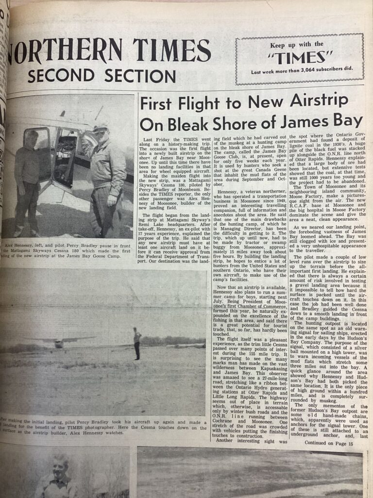Kap History – Northern Times reporter flies up to James Bay Coast